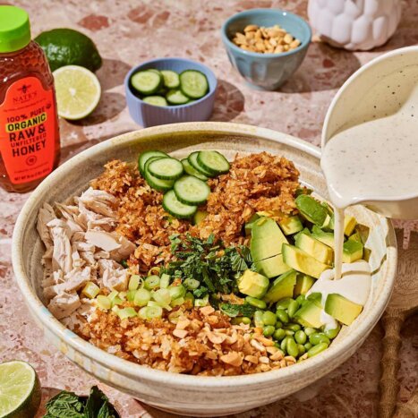 Crispy Rice & Chicken Salad with Creamy Honey Sesame Dressing