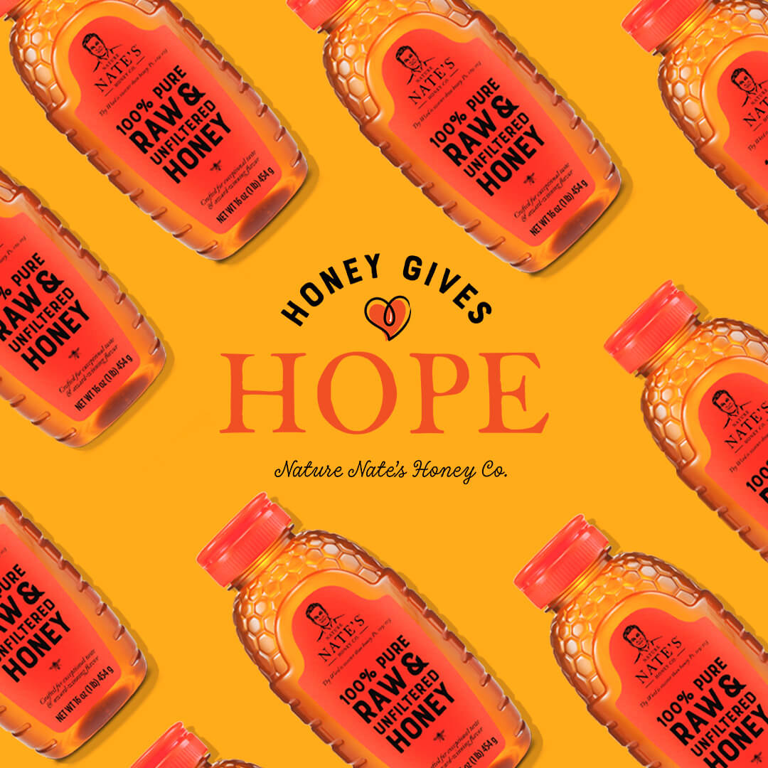 Nate's Honey Gives Hope logo centered on a wallpaper of Nate's honey bottles on top of light orange background.