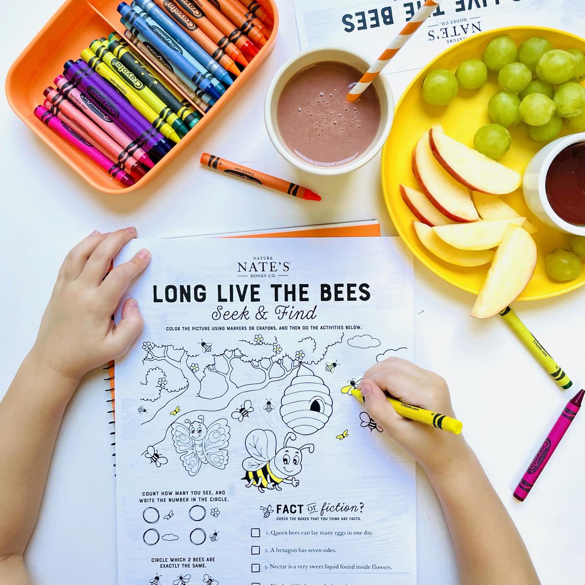 Child coloring a, Nate’s Long Live the Bees activity sheet with crayons, fruit slices and a smoothie nearby.