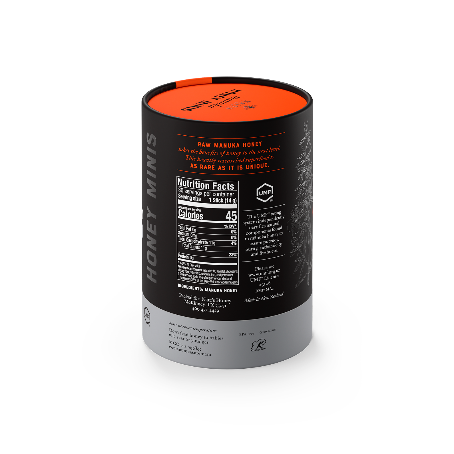 30ct Manuka UMF 10 cylinder box nutrition panel angle.