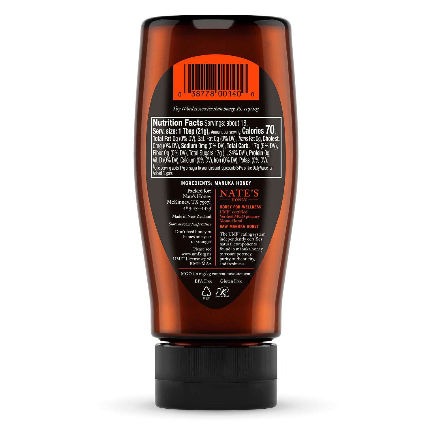 Back label of Nate's bottle of manuka UMF 15.