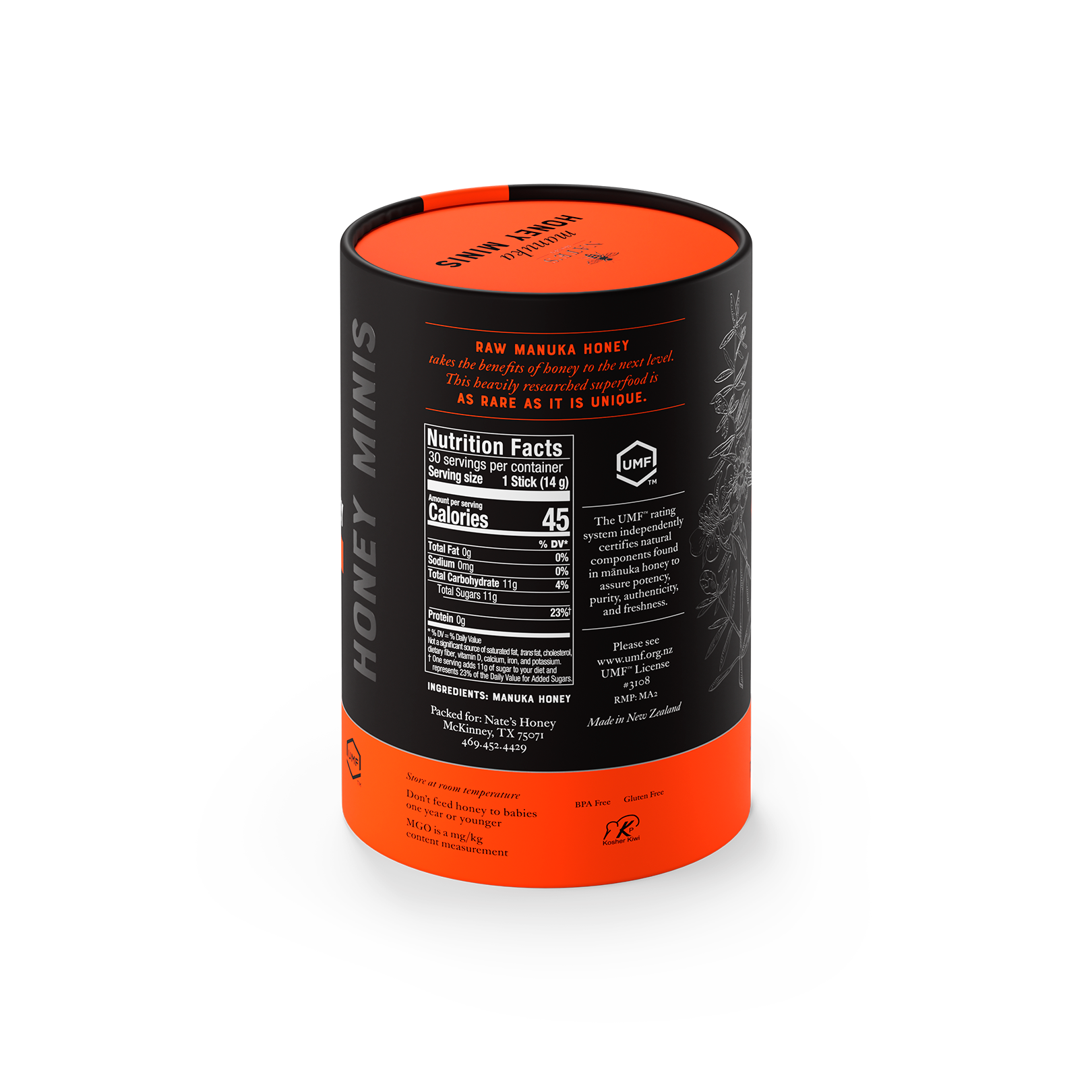 30ct Manuka UMF 5 cylinder box nutrition panel angle.