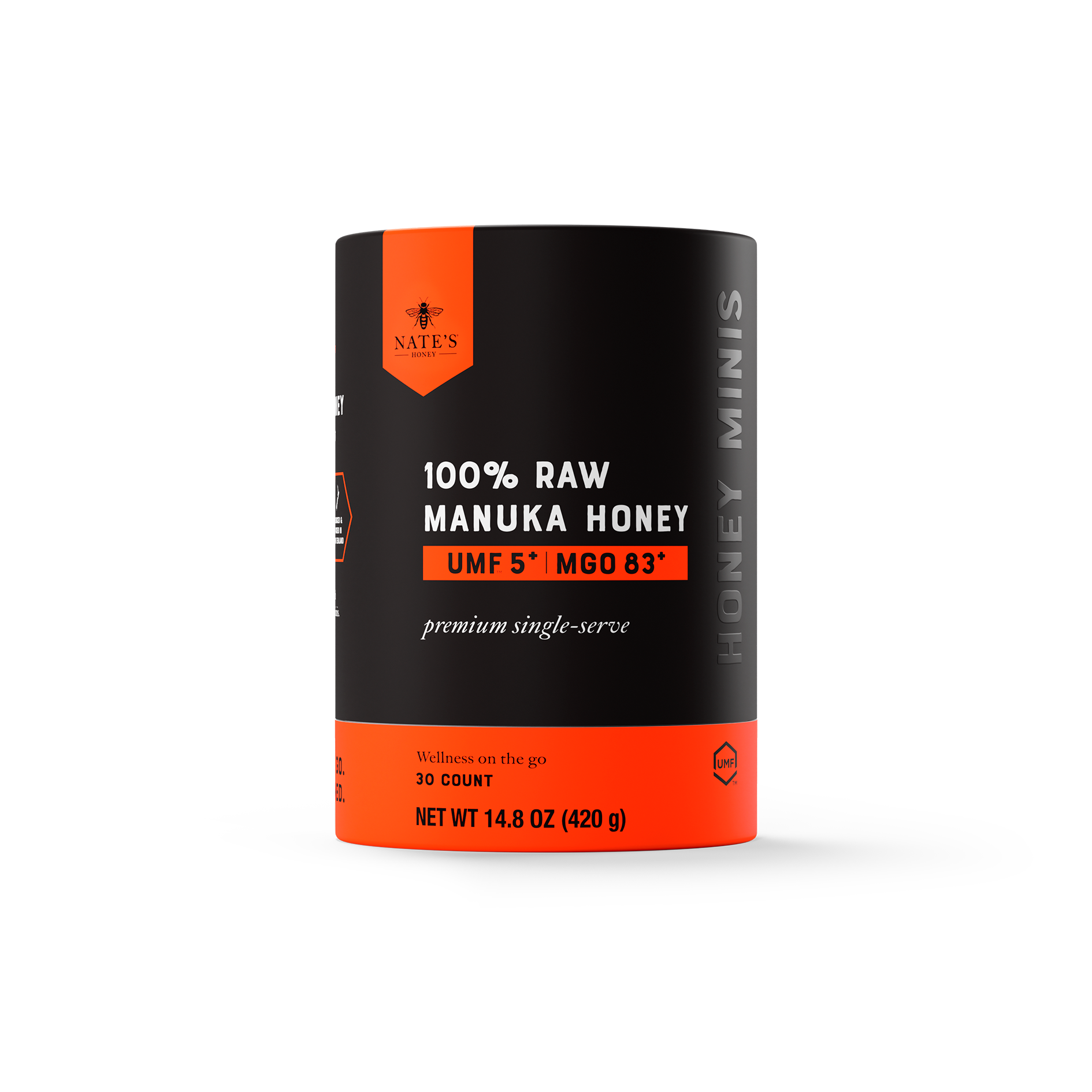 30ct Manuka UMF 5 cylinder box front and top angle.