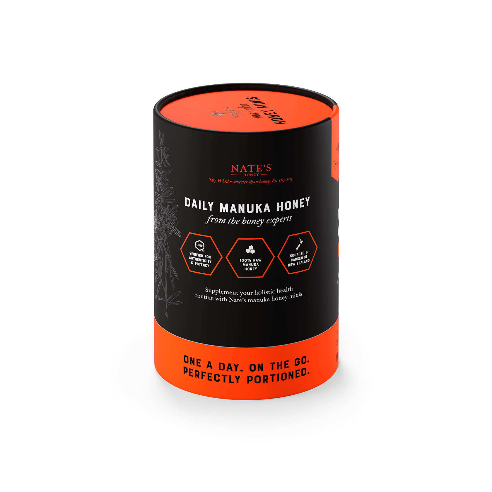 30ct Manuka UMF 5 cylinder box front and top angle.