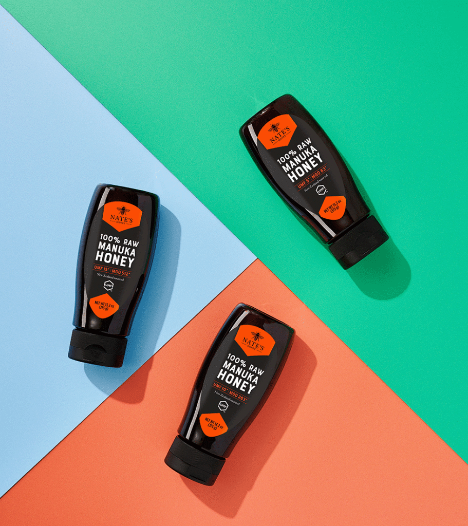 Manuka portfolio image with green, blue and pink background.