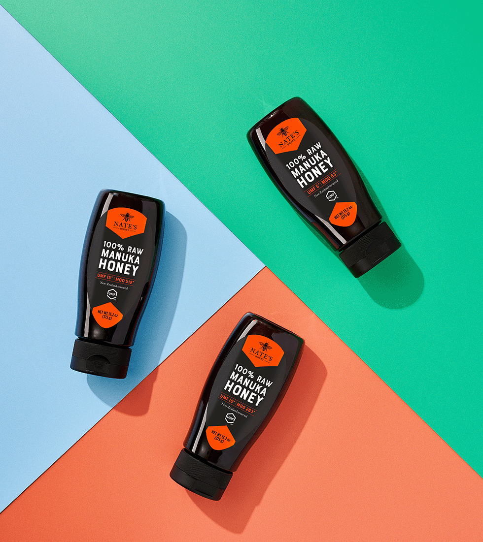 Manuka portfolio image with green, blue and pink background.