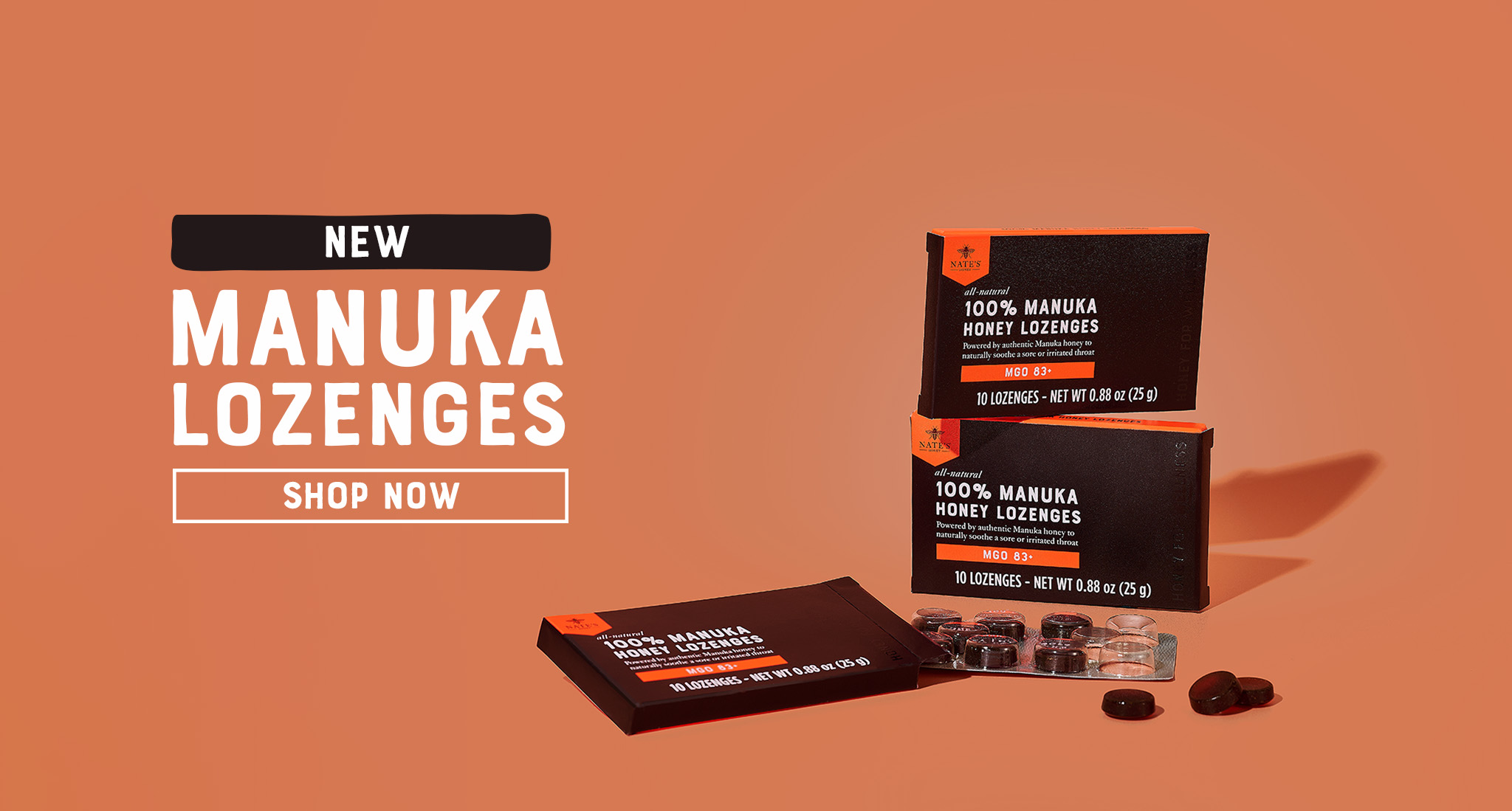 Manuka honey lozenge boxes and loose lozenges with text promoting ‘New Manuka Lozenges.