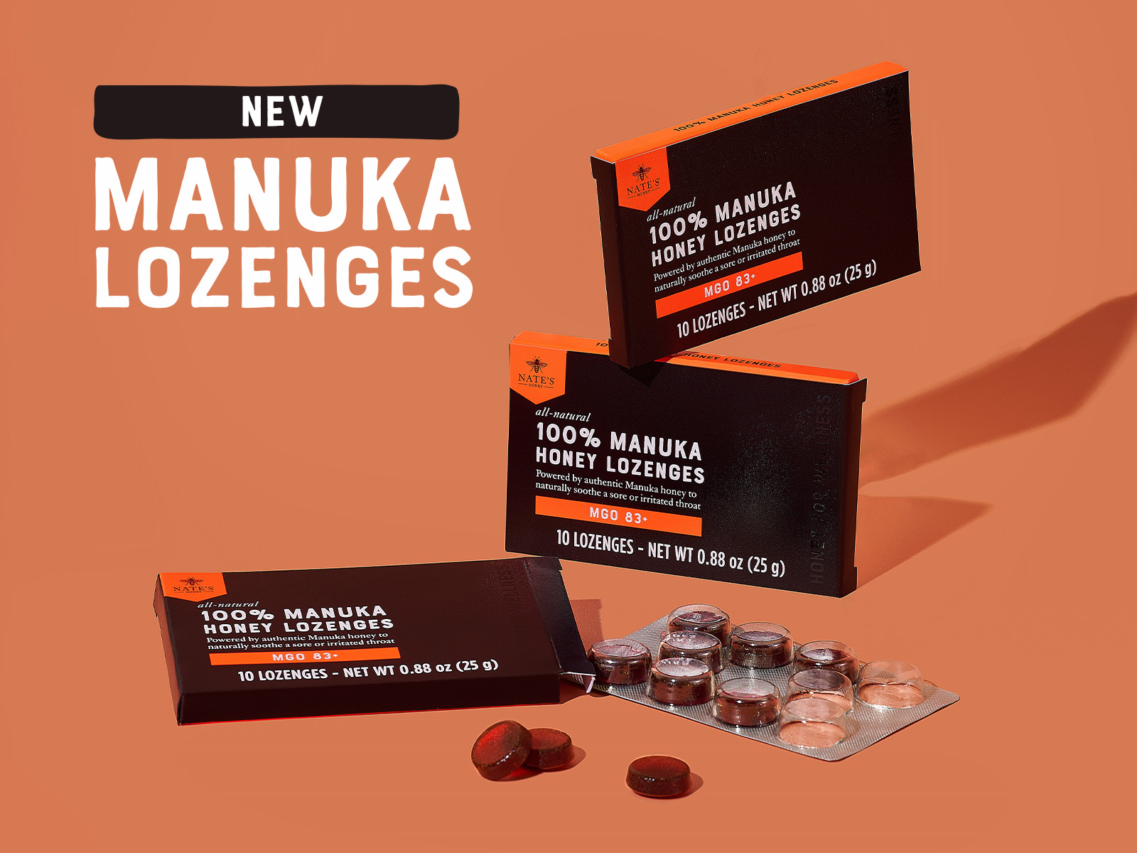 Boxes of 100% Manuka Lozenges with "New Manuka Lozenges" overlay text.