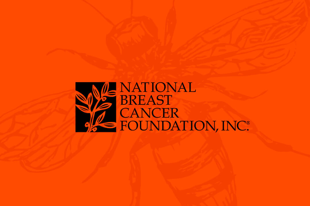 Logo of the National Breast Cancer Foundation, Inc. on an orange background with a bee design.