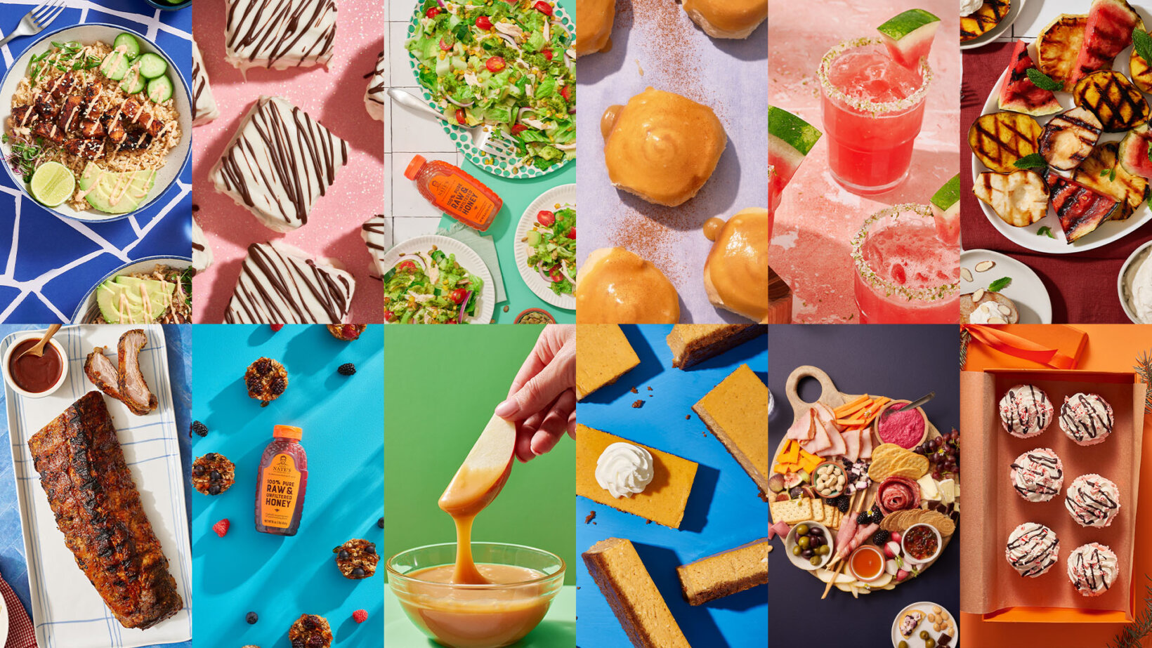 Collage of various food items: salads, grilled meats, desserts, drinks, and charcuterie, featuring colorful presentations.