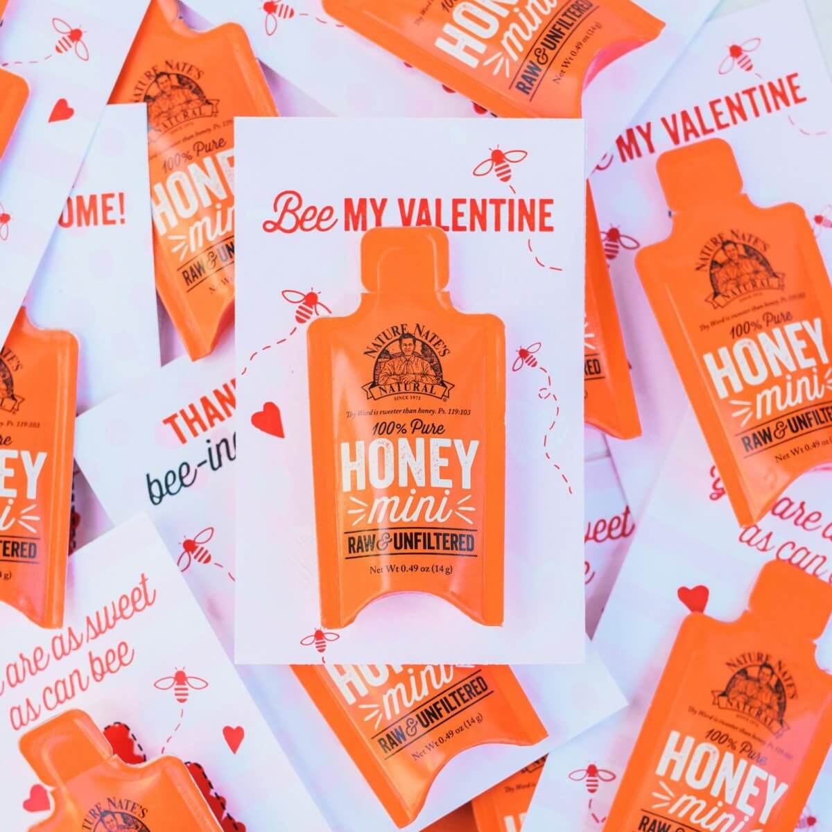 Honey-themed Valentine cards with Nate's honey minis.