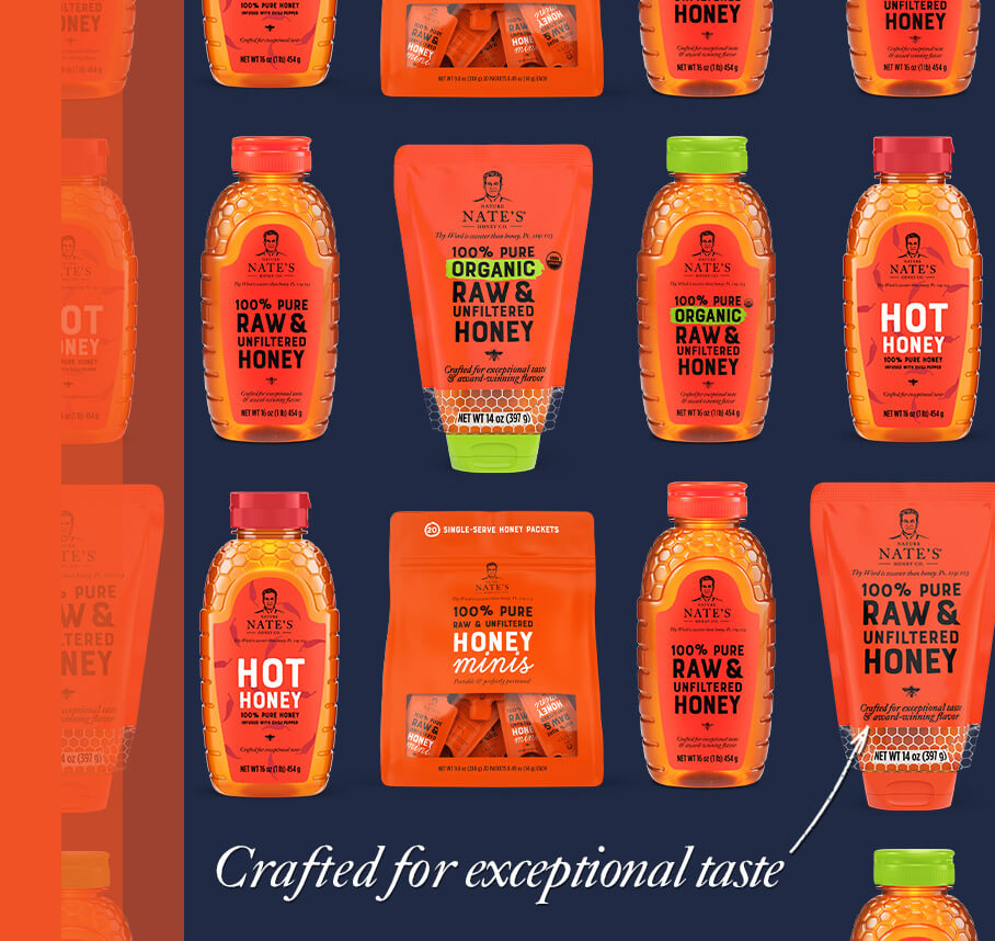 Collage of Nate's honey products with, Crafted for exceptional taste message.