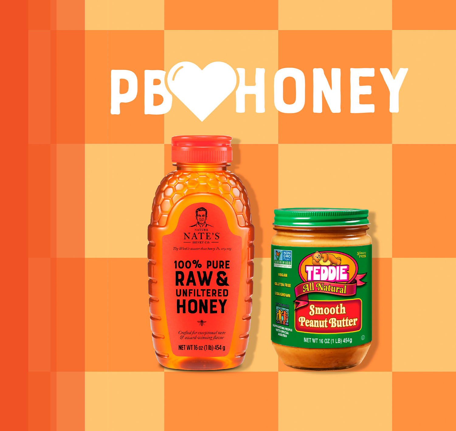 Nate's honey with Teddie peanut butter on an orange and yellow checkboard design.
