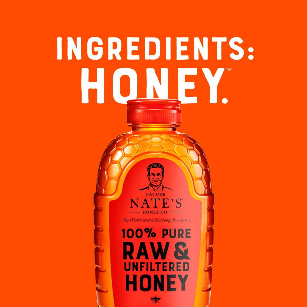 Bottle of Nate's 100% pure raw & unfiltered honey against an orange background, with the text INGREDIENTS: HONEY.