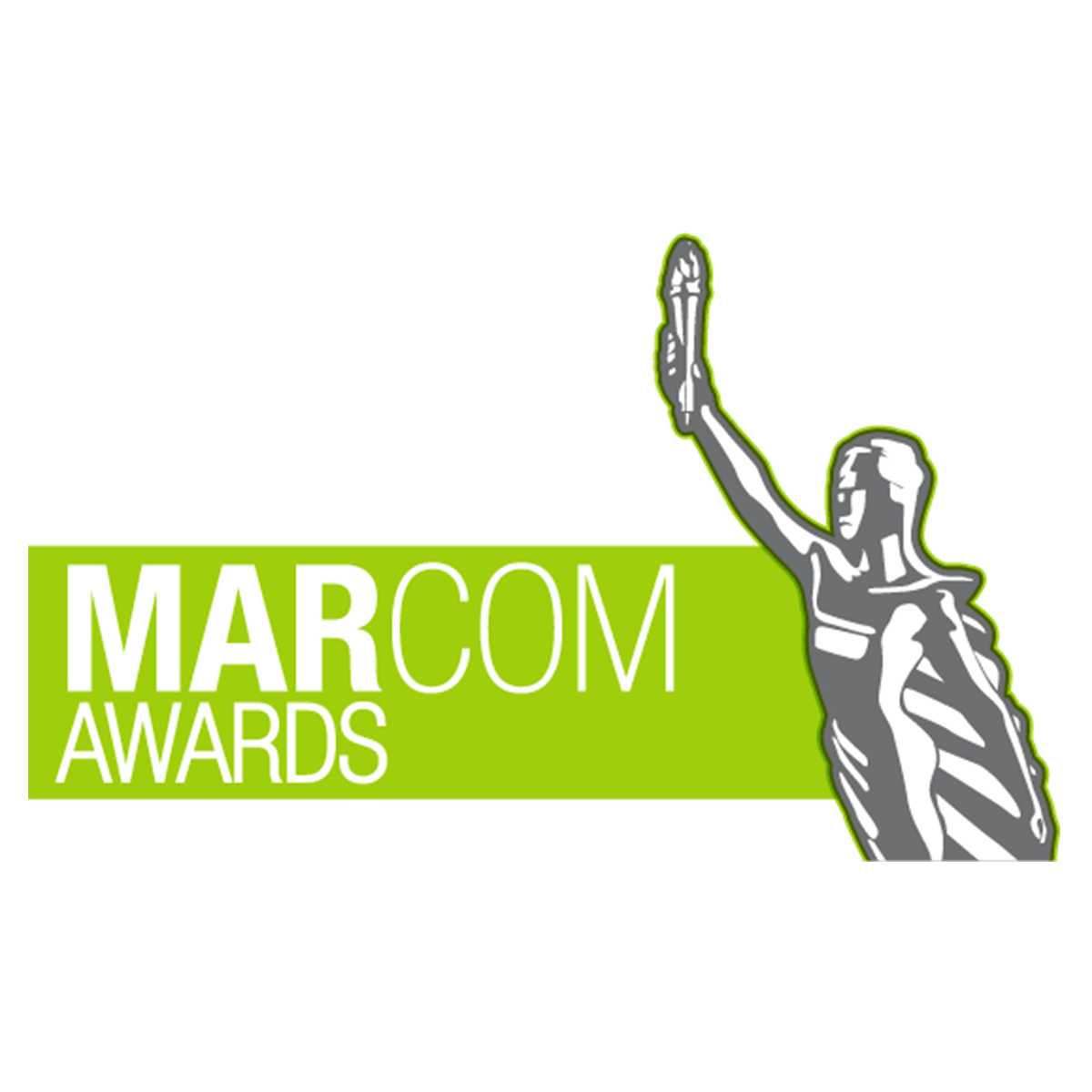 The MarCom Awards logo featuring a stylized figure resembling the Statue of Liberty in silver.