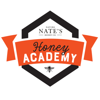 Nature Nate's Honey Academy logo: a black honeycomb with an orange Honey Academy banner.