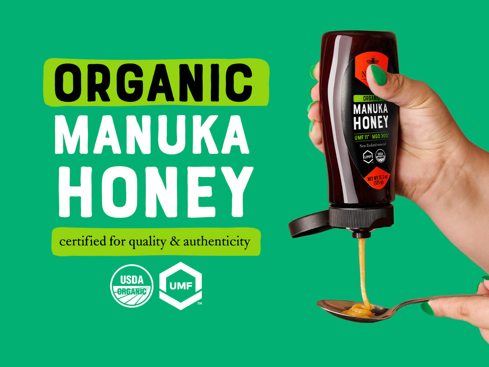 Nate’s Organic Manuka Honey bottle being squeezed over a spoon, with honey drizzling out on a green background and UMF and USDA Organic icons visible.