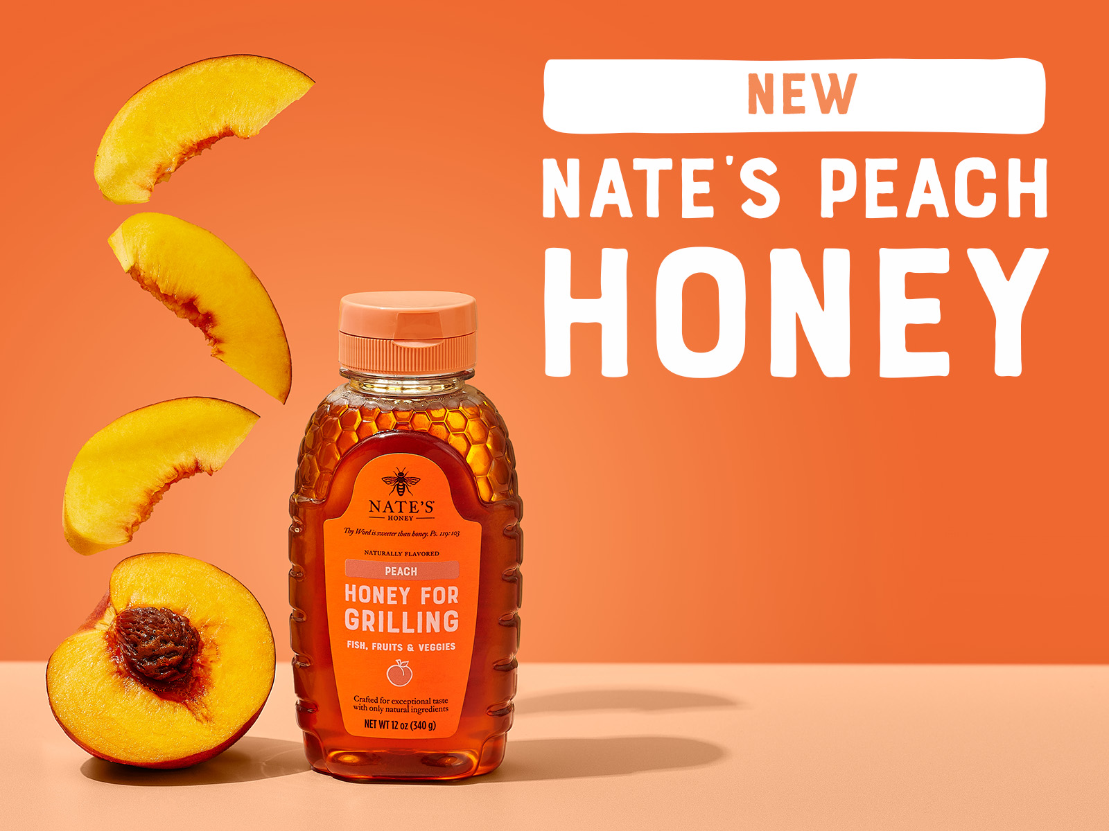 Bottle of Nate’s Peach Honey with sliced fresh peaches on an orange background, featuring text that reads “New Nate’s Peach Honey."
