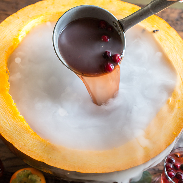 Spiced cranberry honey punch is poured into a hollowed-out pumpkin serving bowl, surrounded by autumnal fruits.