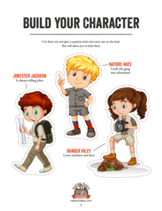 A poster titled BUILD YOUR CHARACTER, with illustrations of three cartoon children with descriptive text bubbles.
