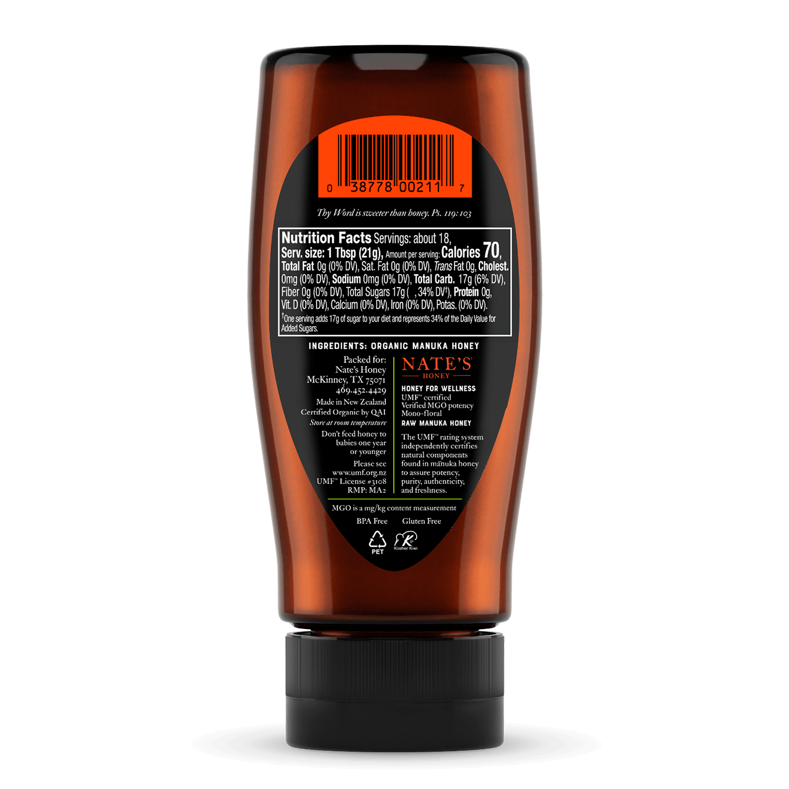 Back label of Nate's Honey bottle of Organic Manuka UMF 11+.