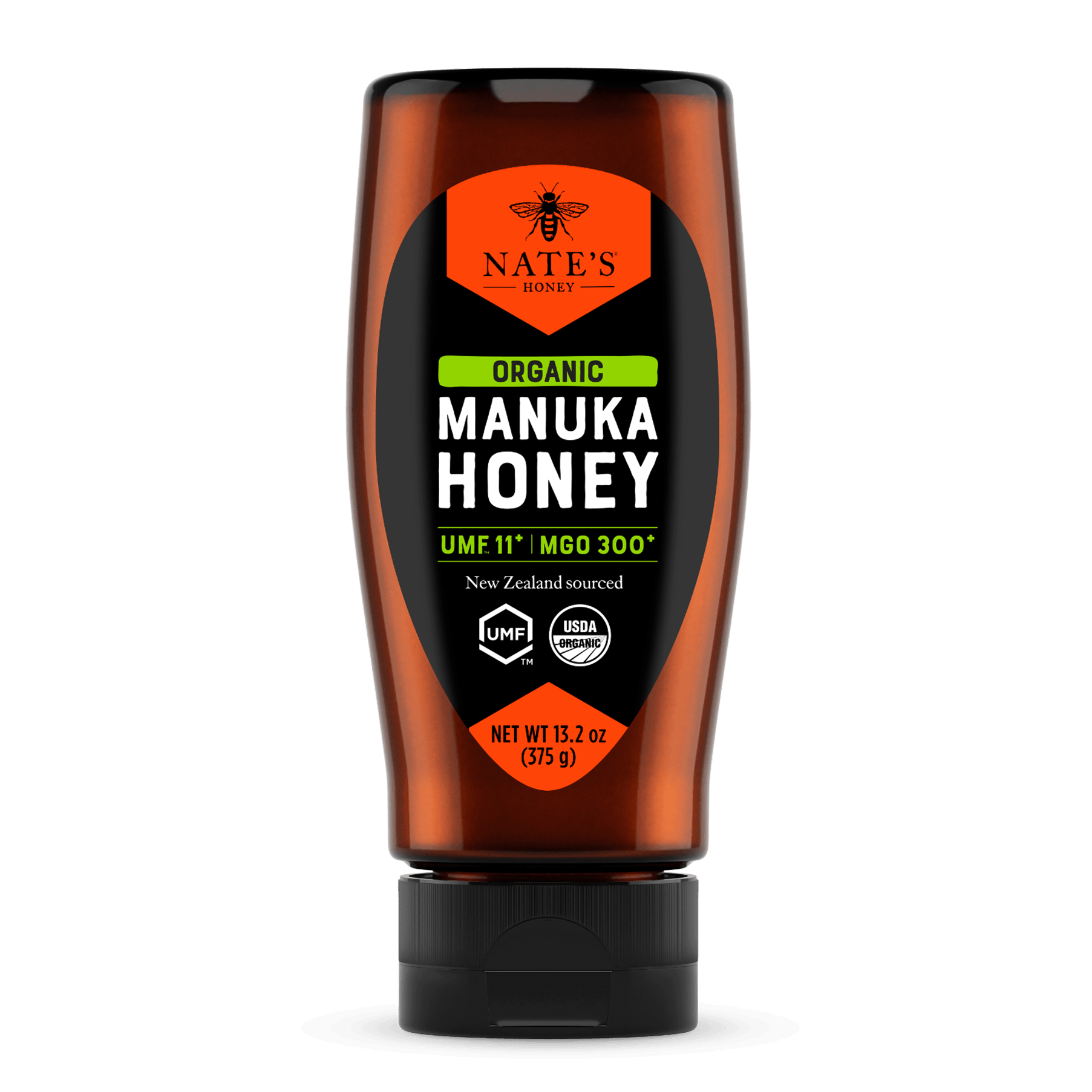 Front label of Nate's Honey bottle of Organic Manuka UMF 11+.