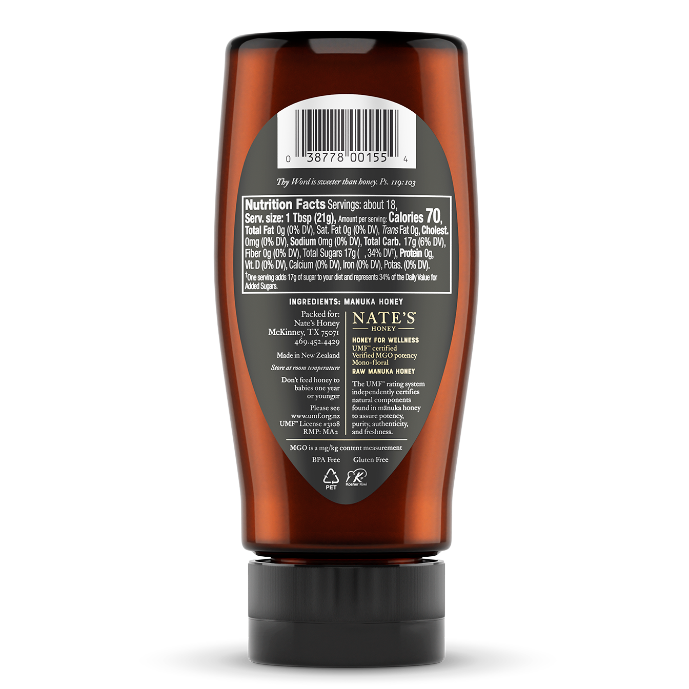 Back label of Nate's bottle of manuka UMF 20..