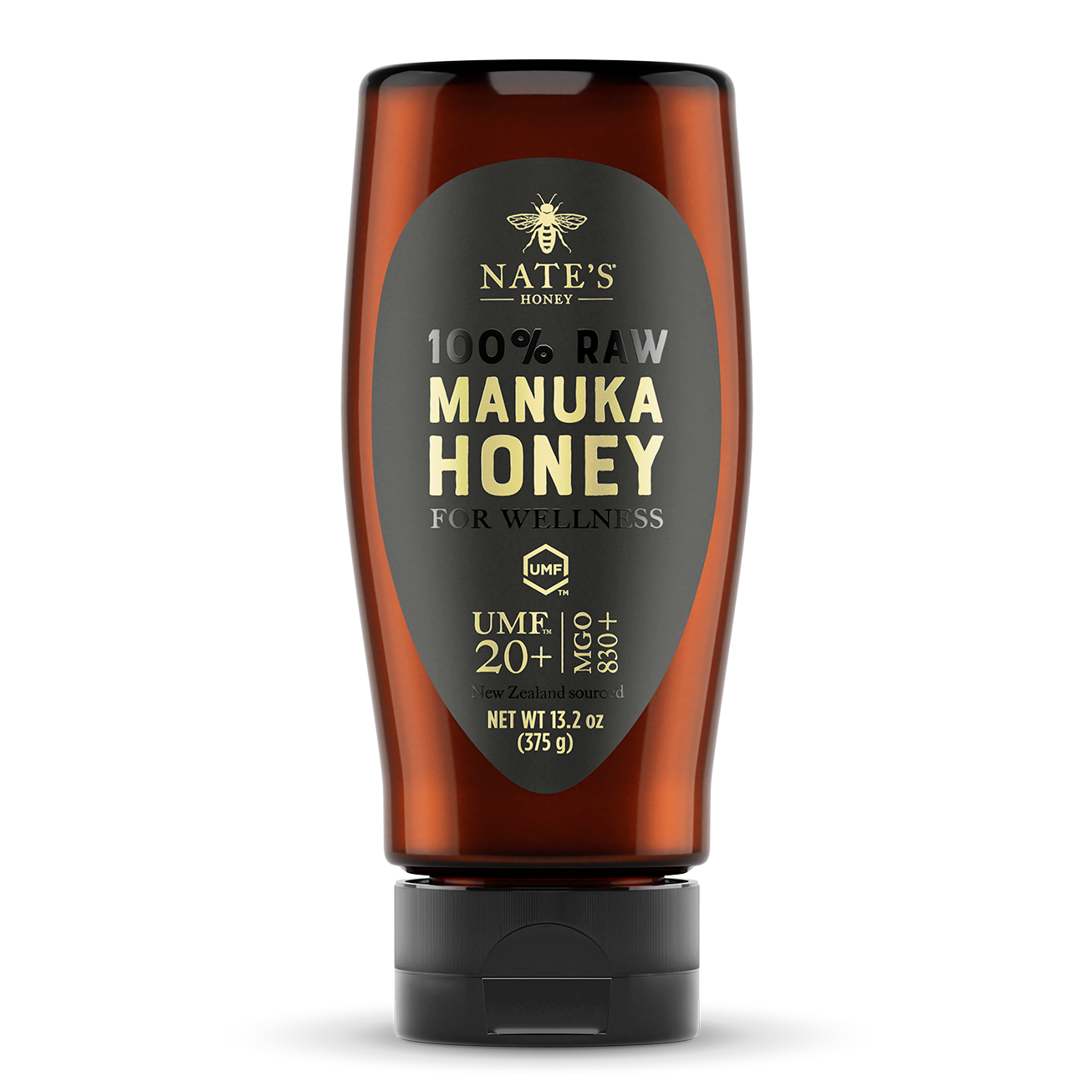 Front label of Nate's bottle of manuka UMF 20.