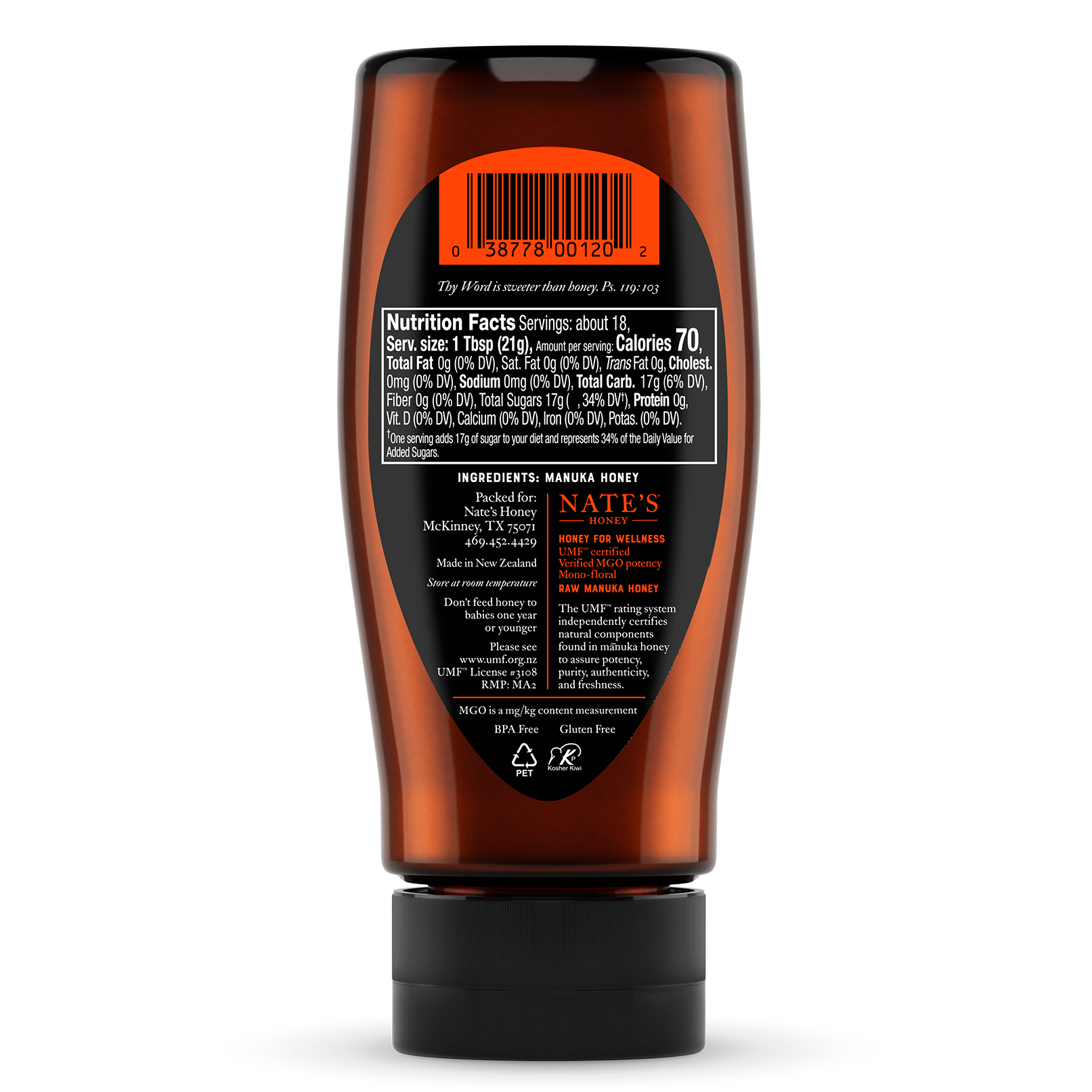 Back label of Nate's bottle of manuka UMF 5.