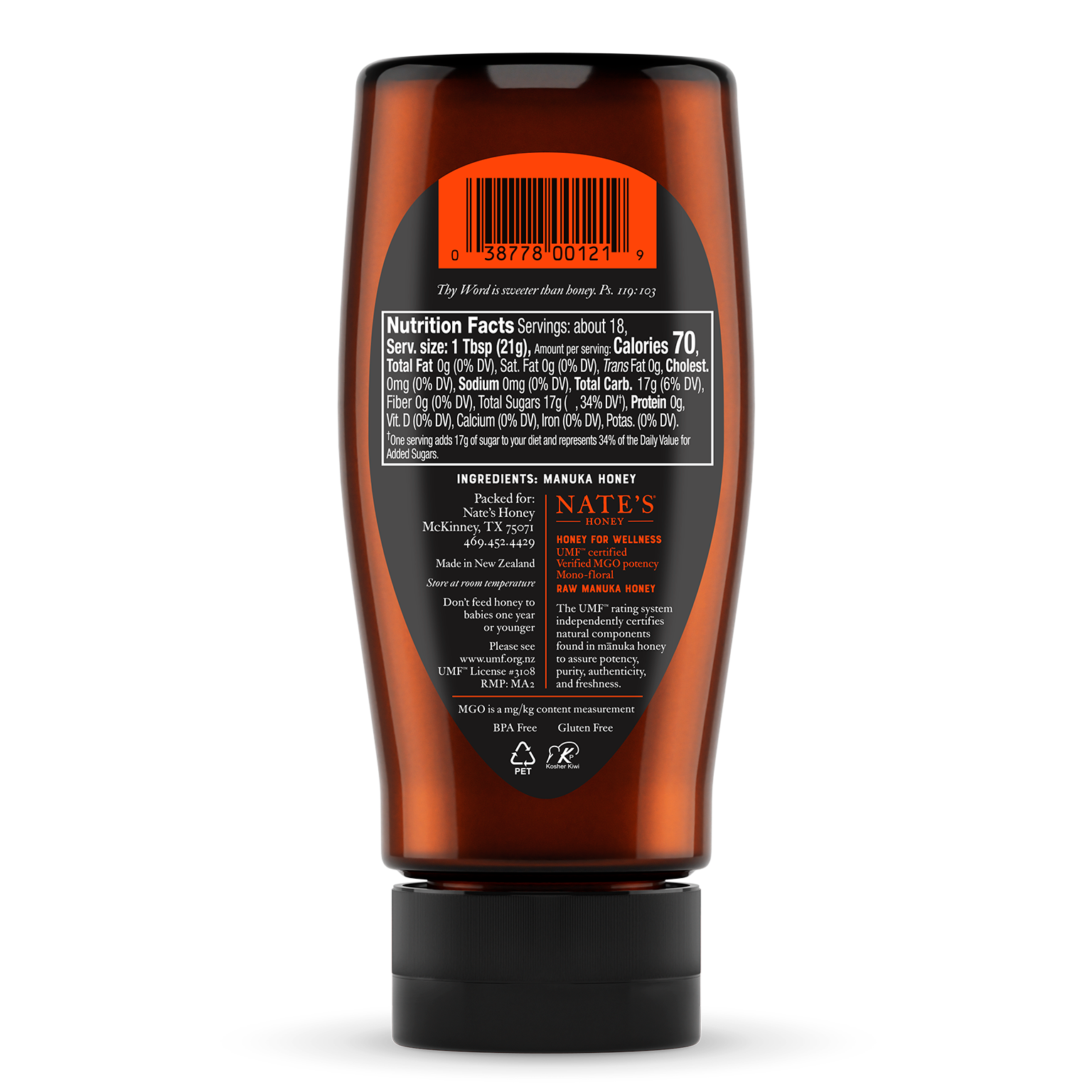 Back label of Nate's bottle of manuka UMF 7.