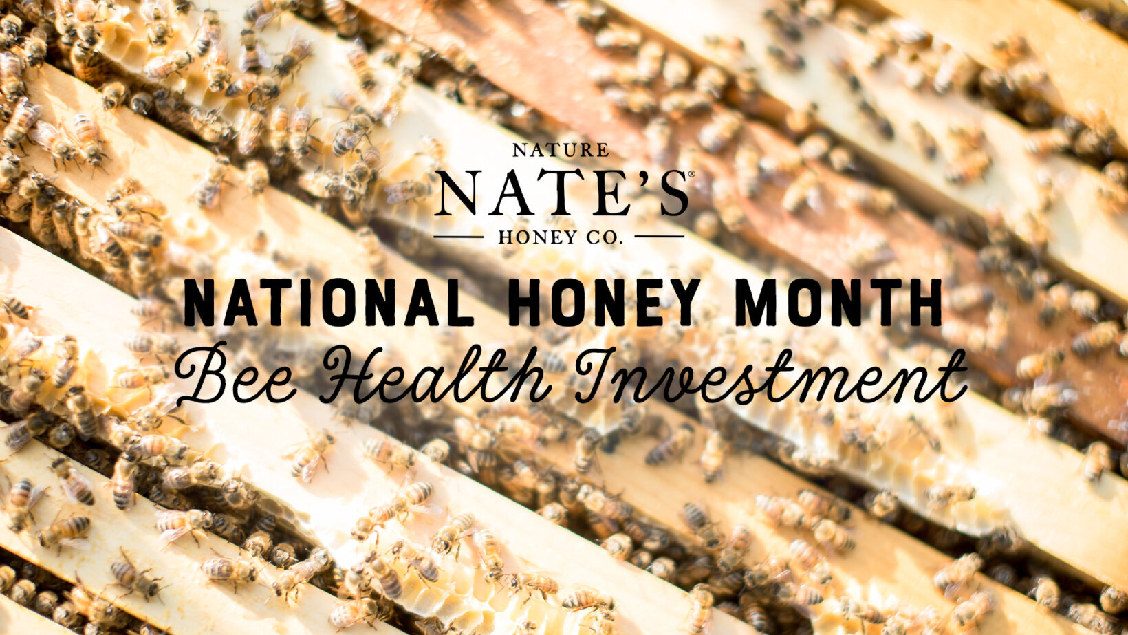 Banner reading National Honey Month - Bee Health Investment and the Nate's logo overlaid on a honey frame with bees.
