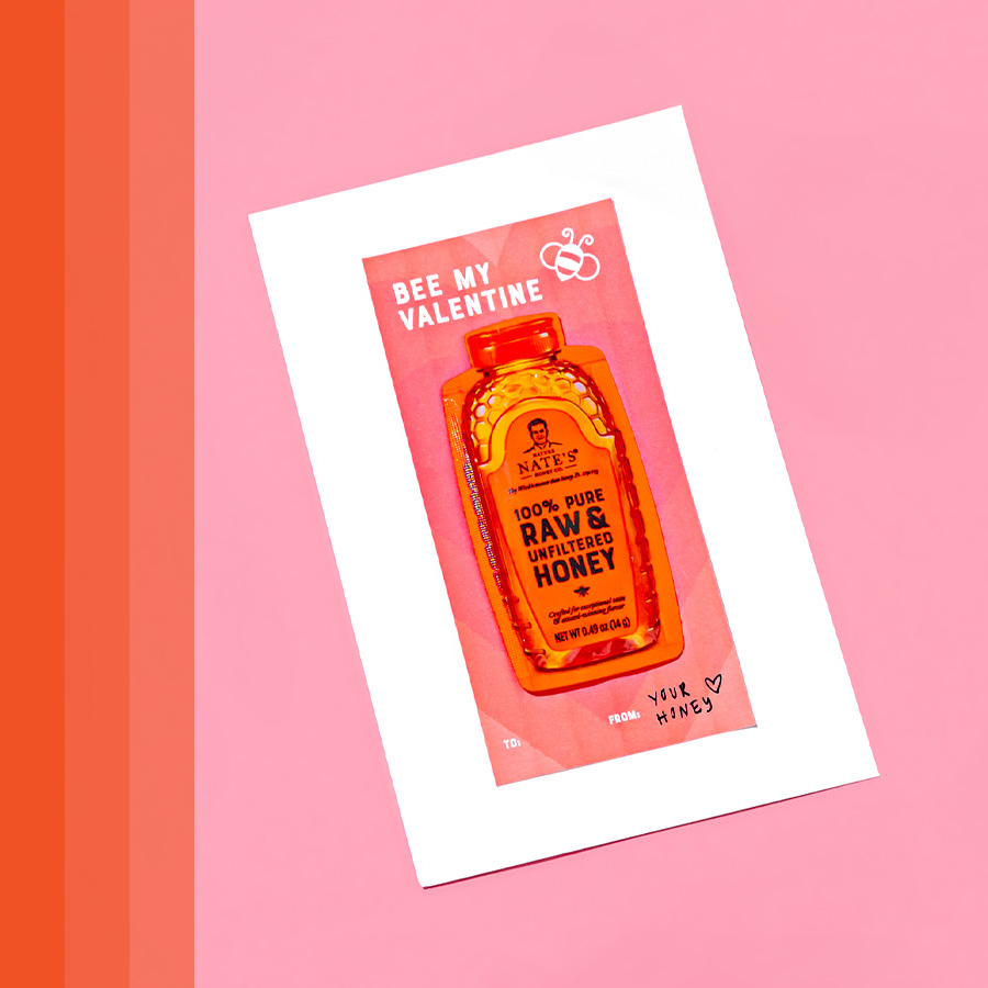 Nate's Honey Minis Valentine's Day card with 'Bee My Valentine' message.
