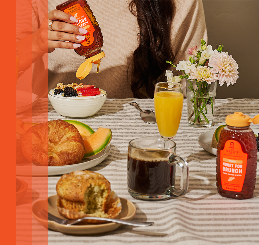 Brunch table spread featuring Vanilla Flavored Honey.