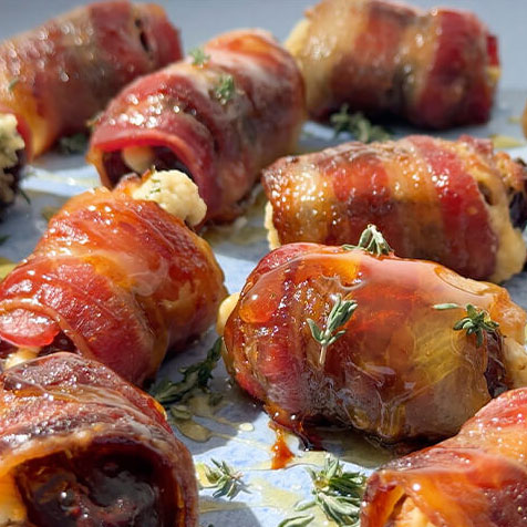 bacon wrapped honey dates drizzled with honey