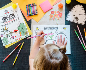 Child coloring Save the Bees themed educational sheets with crayons on a dark surface, surrounded by stationery.