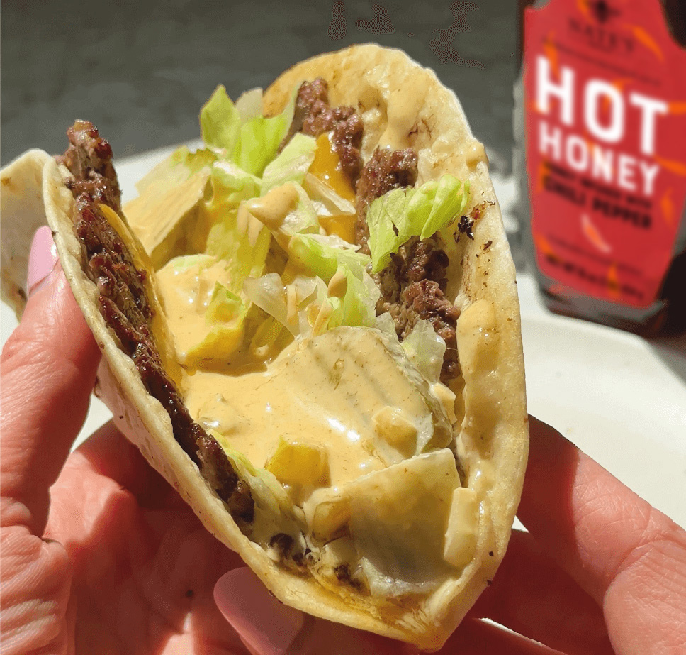 Smashed burger tacos with Nate's Hot Honey.