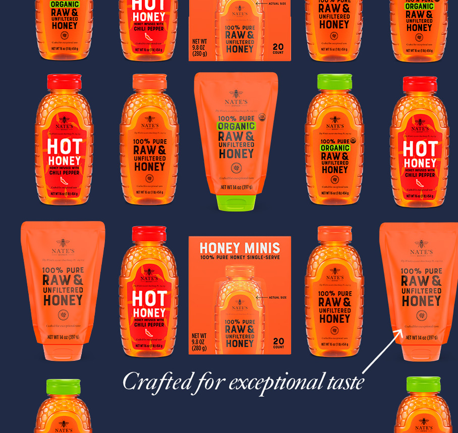Collection of Nate’s Honey products with raw honey, hot honey, and honey minis packaging