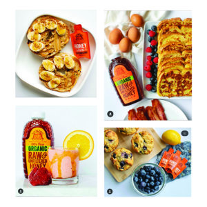 Four plates of food with Nate’s honey minis displaying: animal toast, banana cinnamon roll, colorful rainbow waffle.