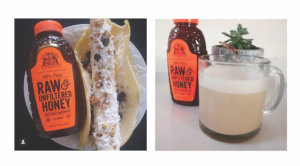 Two images: A crepe with powdered sugar and a Nate’s honey bottle, and a mug of frothy milk with a Nate’s honey bottle.