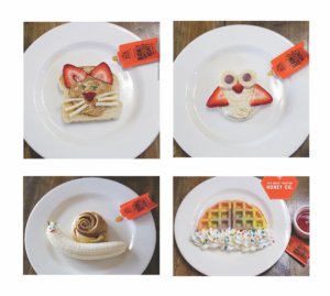 Collage showing honey-infused dishes: toast with bananas and berries, a drink with orange slice, and muffins with blueberries.