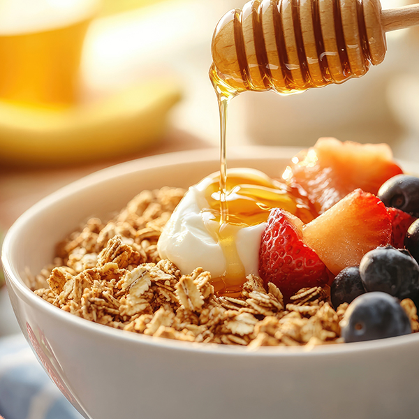 honey spoon dropping honey on bowl of oats, yogurt and fruit