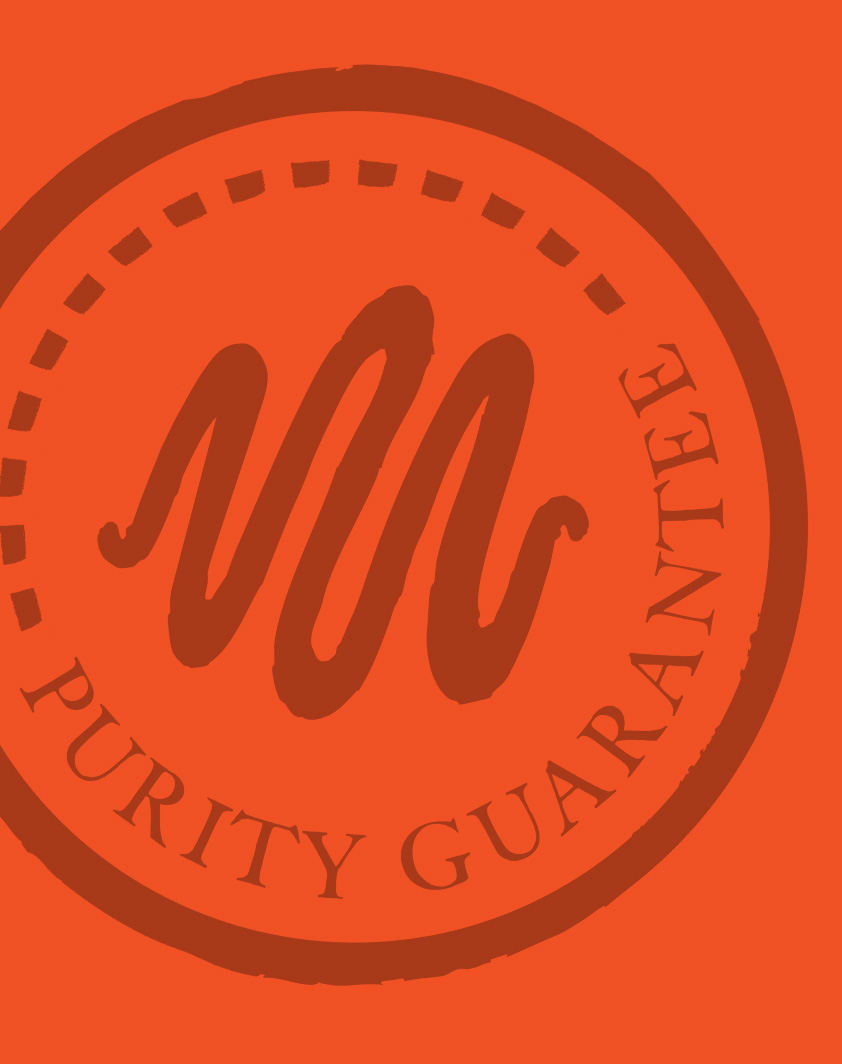 Nate’s purity guarantee seal with bee icon on
 orange background.