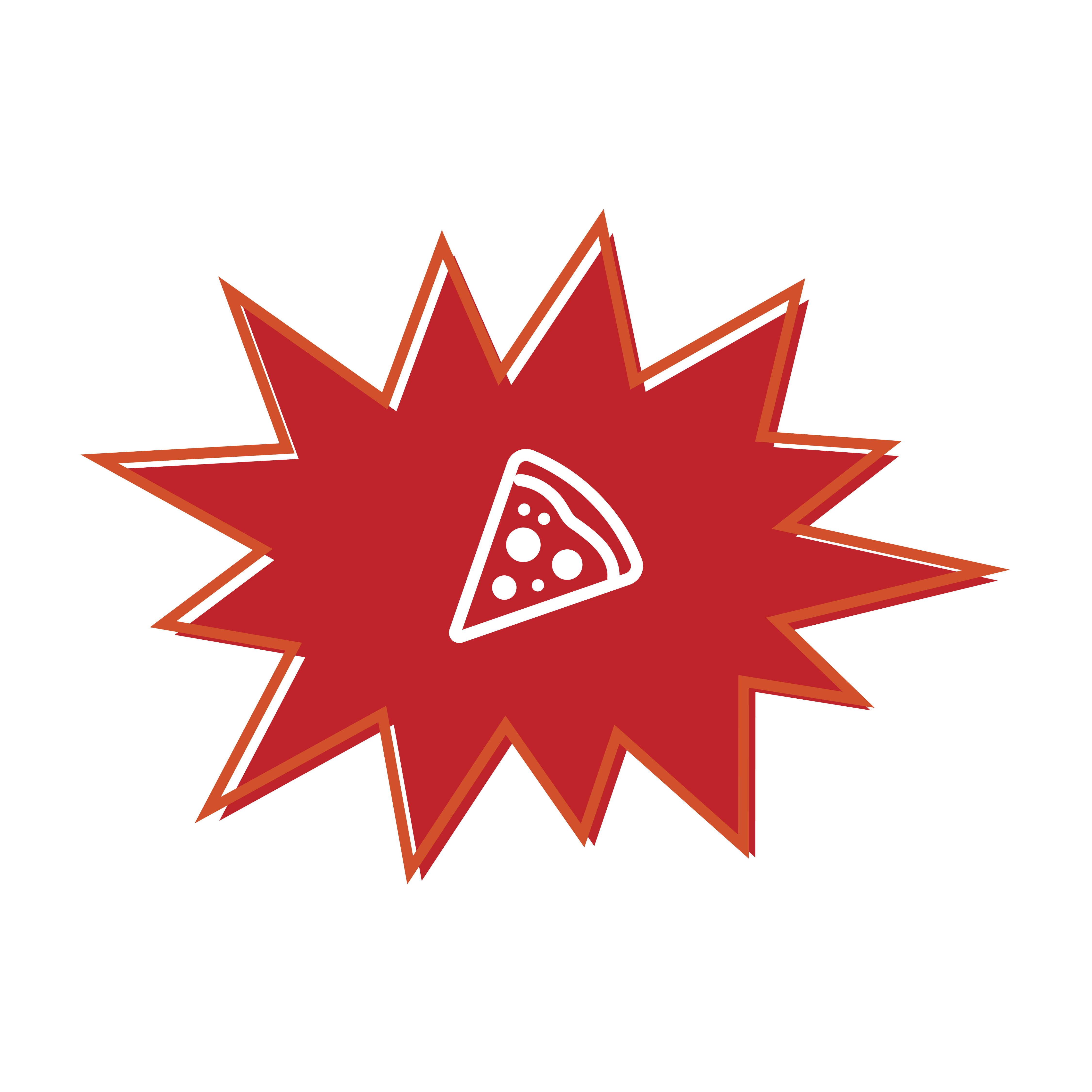 Pizza icon on red starburst.