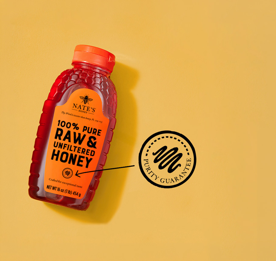 Nate’s 100% Pure Raw & Unfiltered Honey bottle with Purity Guarantee seal.