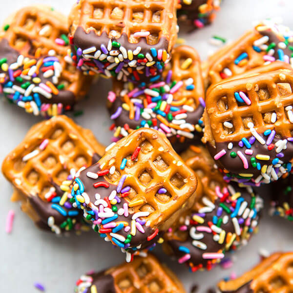 Peanut butter and honey pretzel bites with chocolate and sprinkles