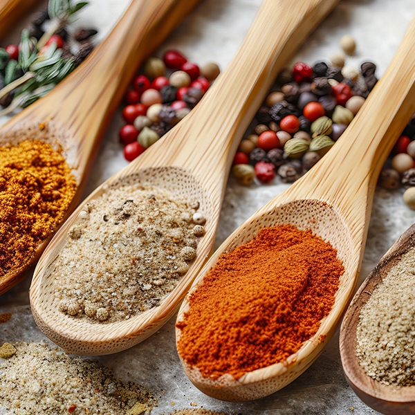 wood spoons with herbs and spices