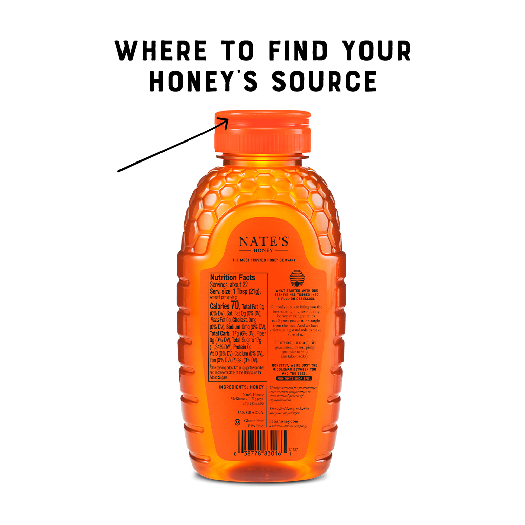 Back of classic bottle with "Where to Find Your Honey's Source" text overlay.