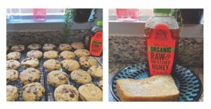 Two images: Freshly baked cookies on racks cooling by a window and a bottle of Nate’s organic honey with toast.
